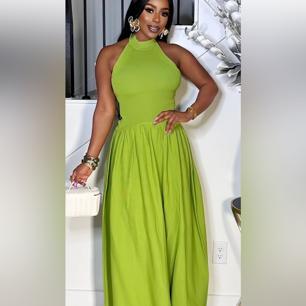 Elegant Lime Green Halter Maxi Dress